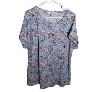 Anneliese Blouse Women's 2X Round Neck Floral Short Sleeve Ribbed Top Boho